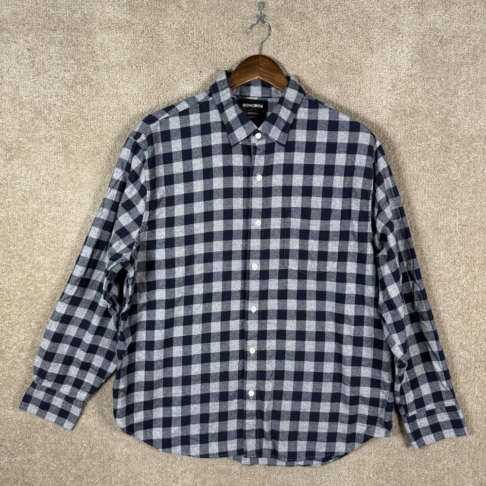 Bonobos Shirt Mens XL Blue Gray Plaid Flannel Long‎ Sleeve Button Up Casual